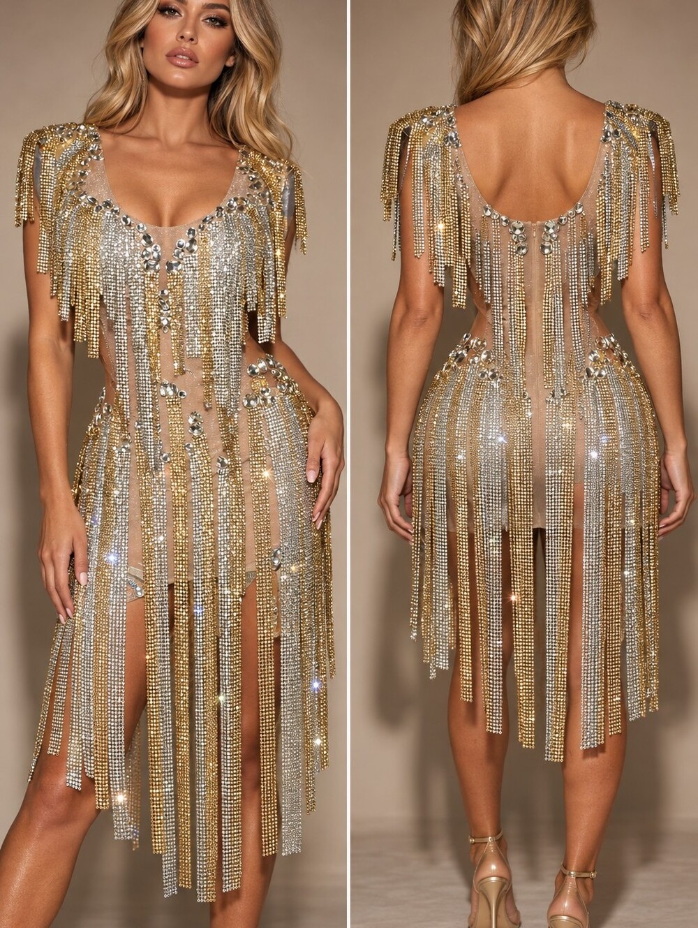 Gold and Silver Rhinestone Fringe Festival Leotard Dress